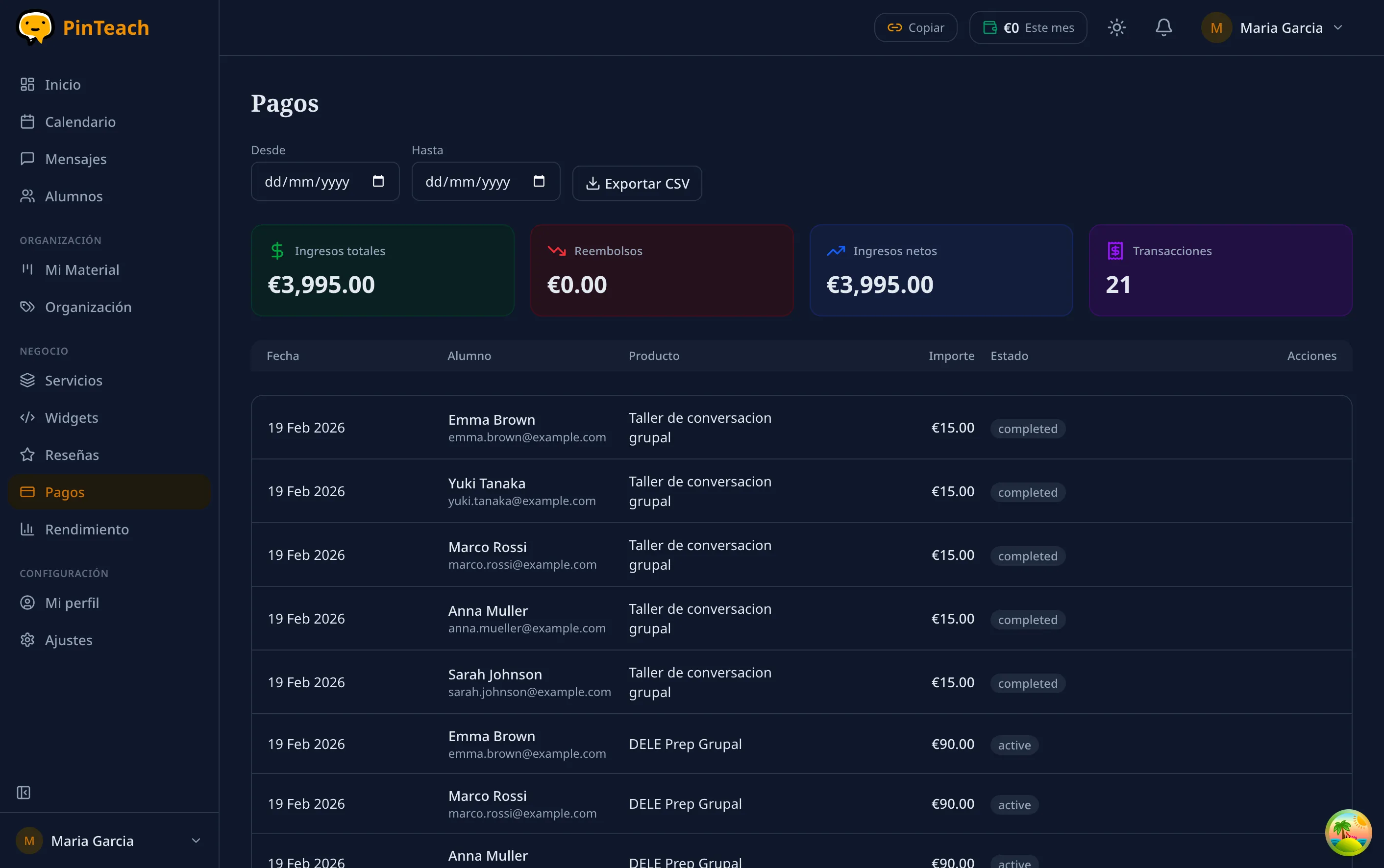 Payments page